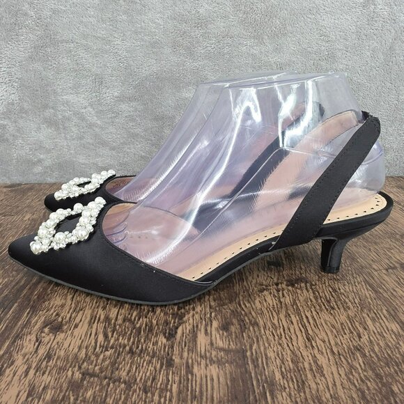 Adrienne Vittadini Suza Slingback Kitten Heels 7.5 Black Pearl Rhinestone Formal - Picture 8 of 15